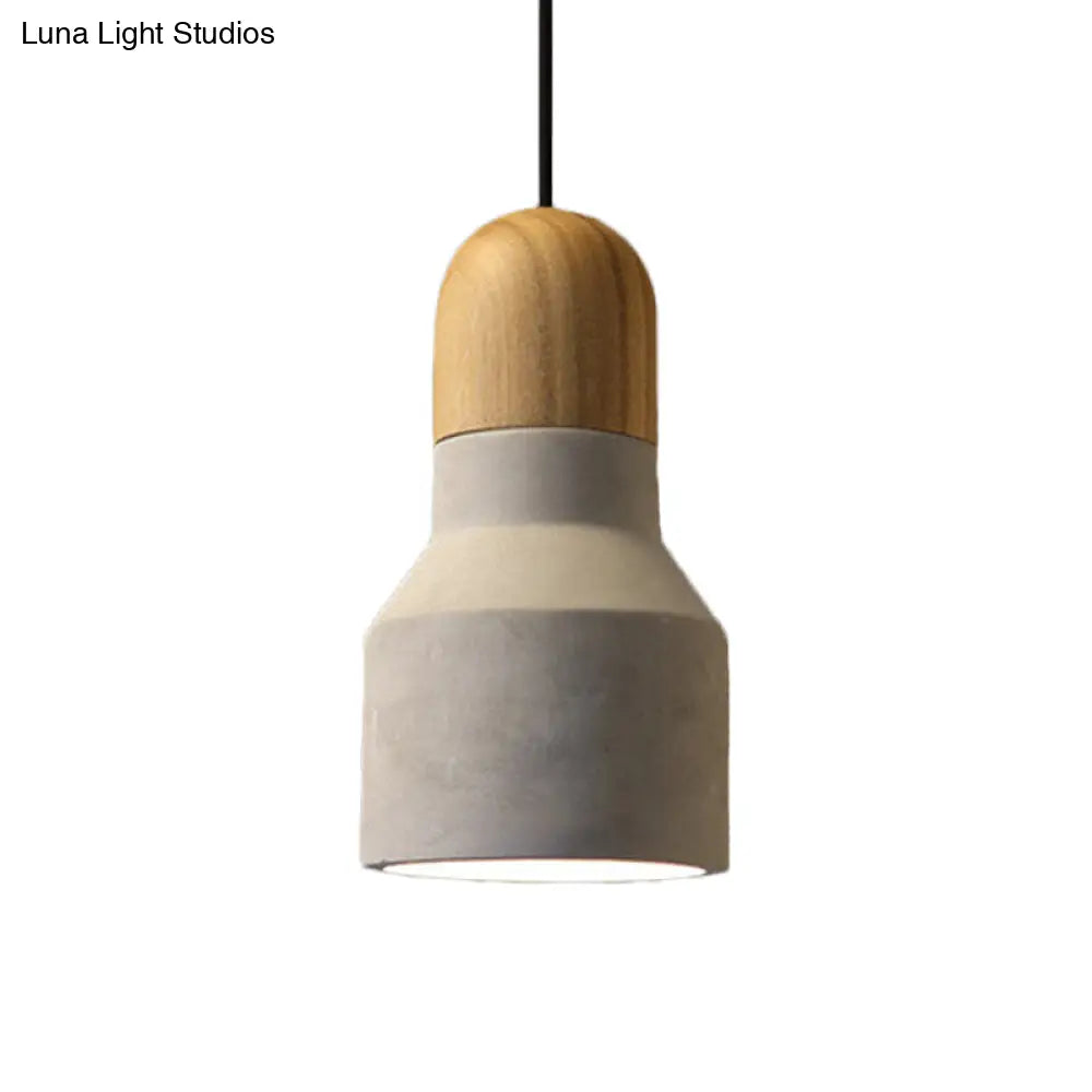 Industrial Pendant Lamp With Wood Top - Cement Grey Cone/Trapezoid/Can Shape 1-Head