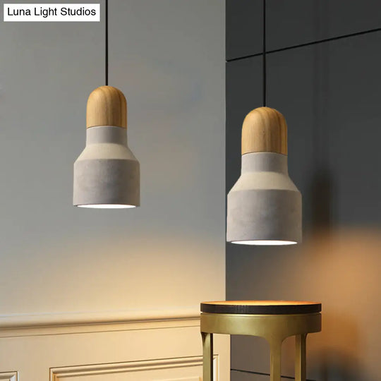 Industrial Cement Grey Pendant Light Kit With Wood Top - Cone/Trapezoid/Can Styles 1-Head 8.5/10/12