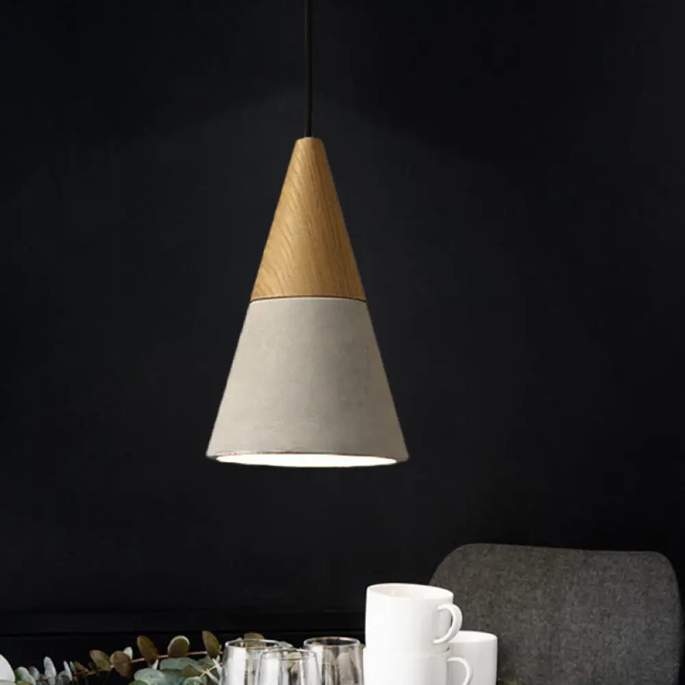 Industrial Pendant Lamp With Wood Top - Cement Grey Cone/Trapezoid/Can Shape 1-Head