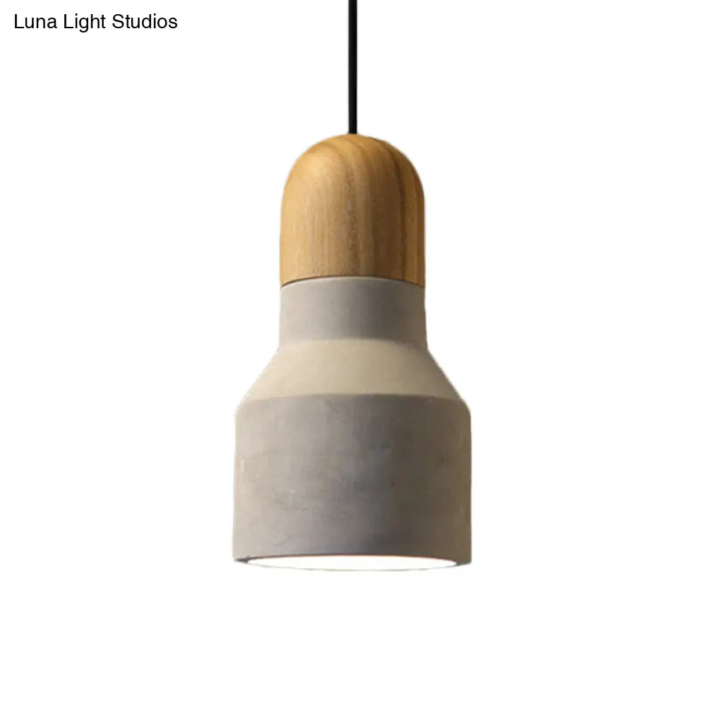 Industrial Cement Grey Pendant Light Kit With Wood Top - Cone/Trapezoid/Can Styles 1-Head 8.5/10/12