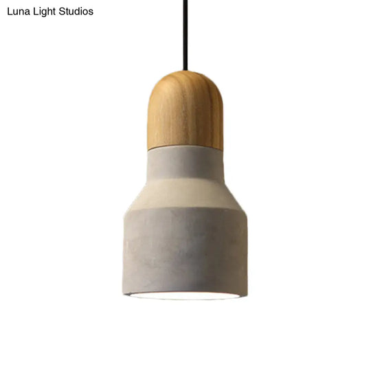 Industrial Cement Grey Pendant Light Kit With Wood Top - Cone/Trapezoid/Can Styles 1-Head 8.5/10/12