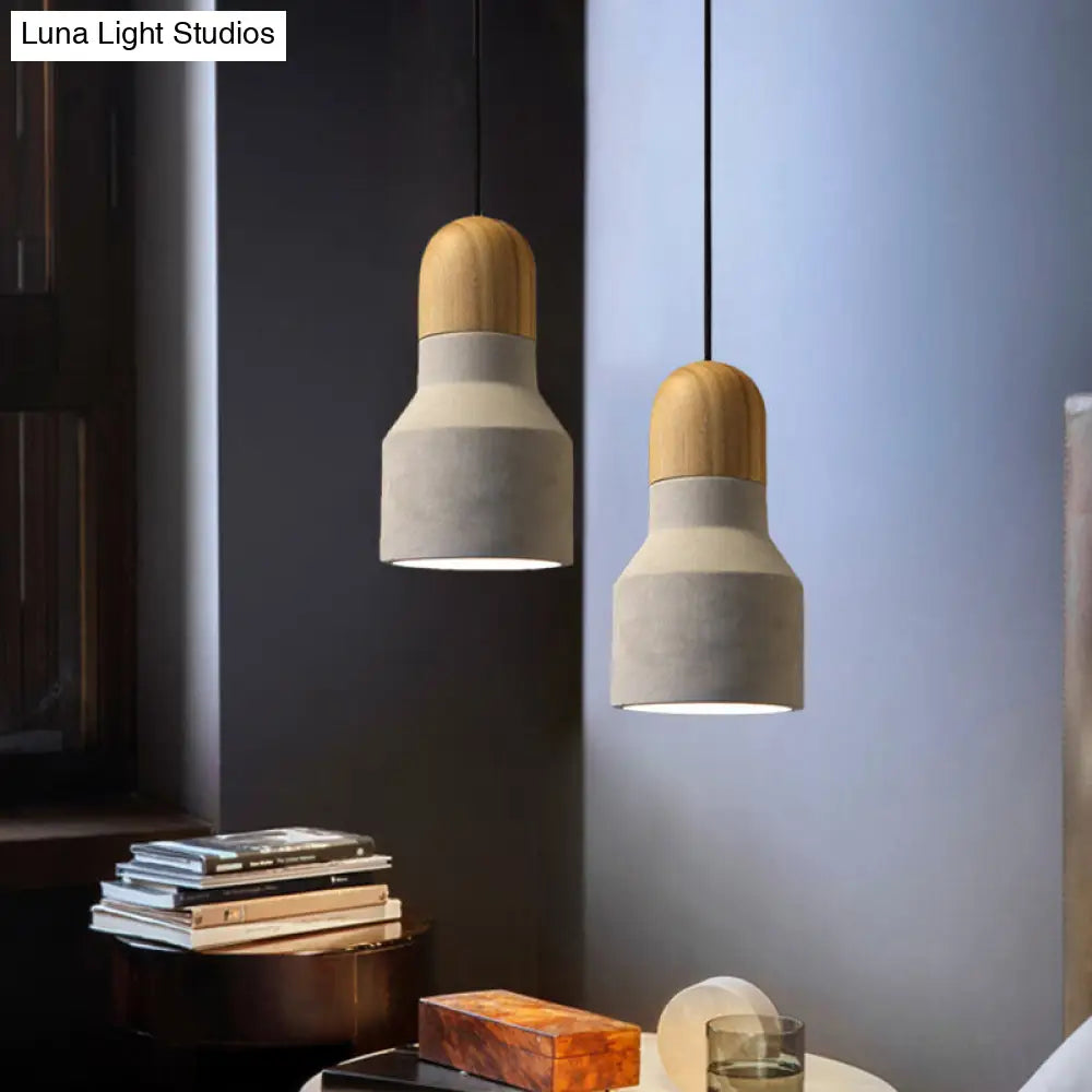 Industrial Cement Grey Pendant Light Kit With Wood Top - Cone/Trapezoid/Can Styles 1-Head 8.5/10/12