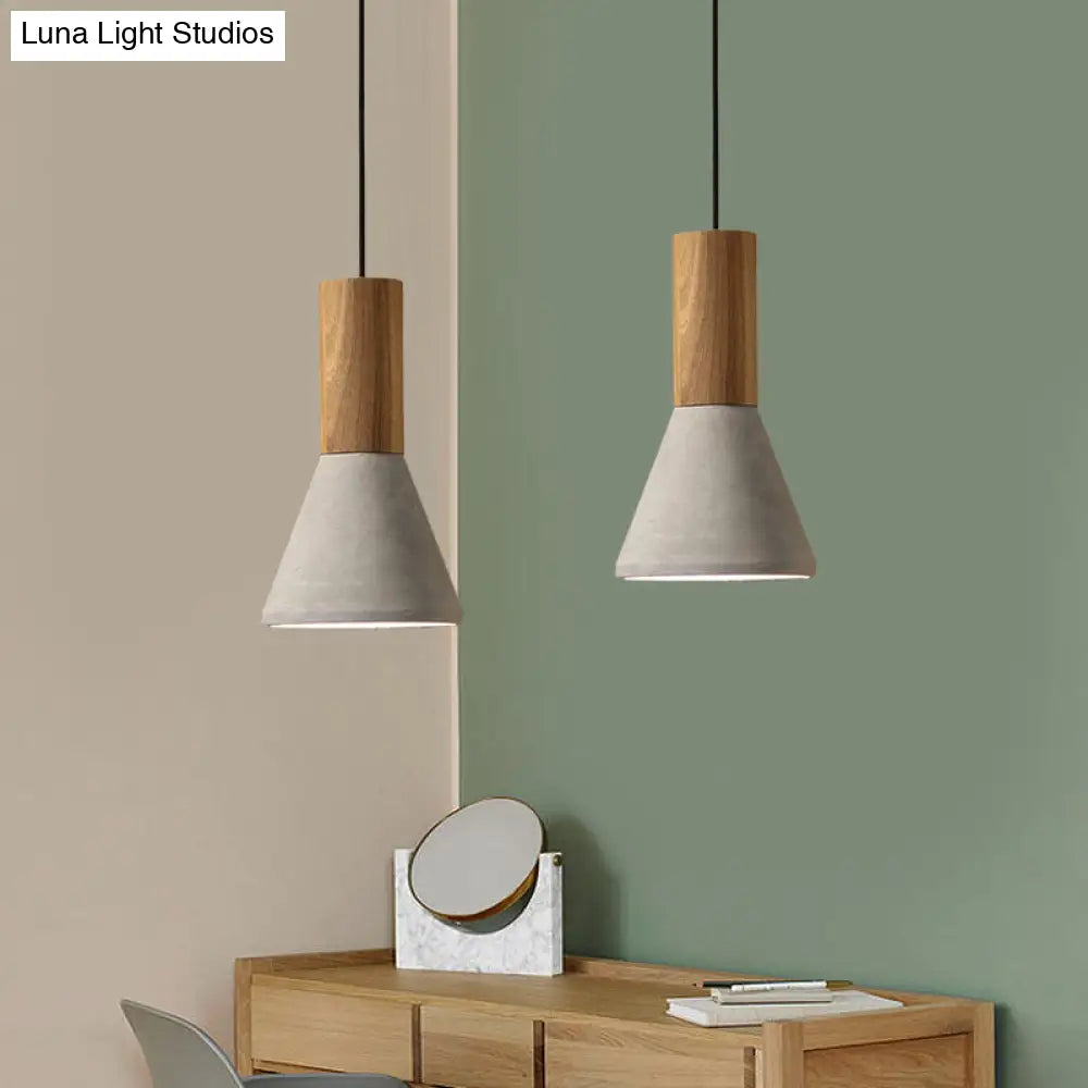 Industrial Pendant Lamp With Wood Top - Cement Grey Cone/Trapezoid/Can Shape 1-Head