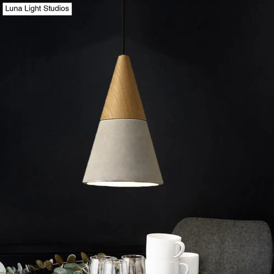 Industrial Cement Grey Pendant Light Kit With Wood Top - Cone/Trapezoid/Can Styles 1-Head 8.5/10/12