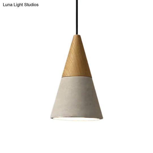 Industrial Pendant Lamp With Wood Top - Cement Grey Cone/Trapezoid/Can Shape 1-Head