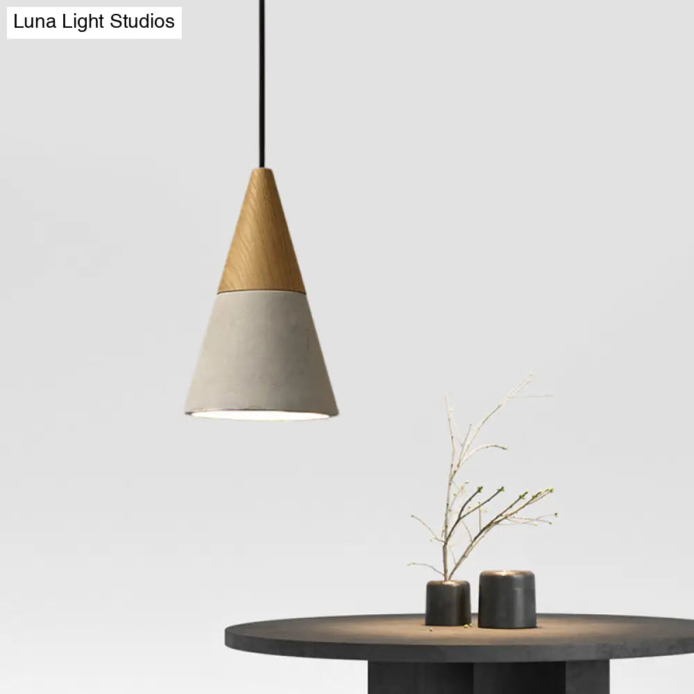 Industrial Pendant Lamp With Wood Top - Cement Grey Cone/Trapezoid/Can Shape 1-Head