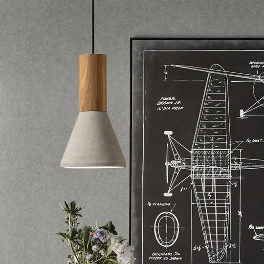 Industrial Pendant Lamp With Wood Top - Cement Grey Cone/Trapezoid/Can Shape 1-Head