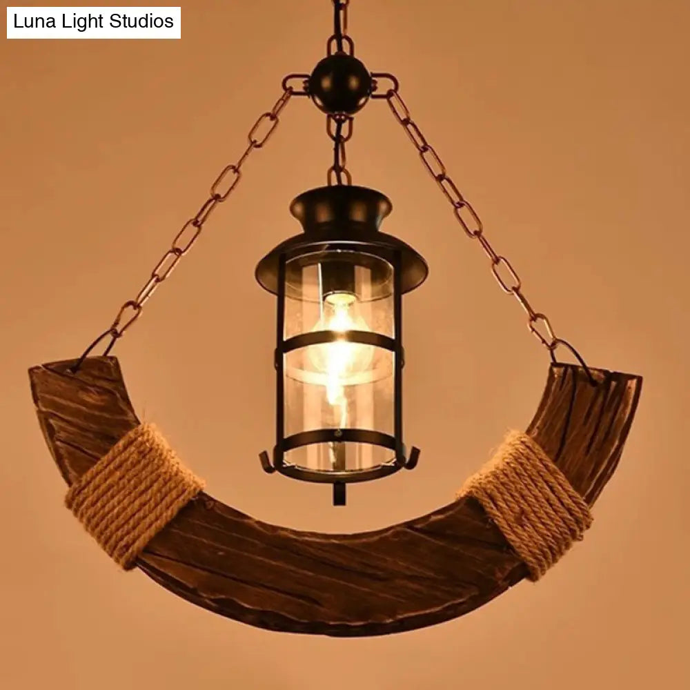 Industrial Pendant Light: Clear Glass Cylinder With Distressed Wood Finish - Perfect For