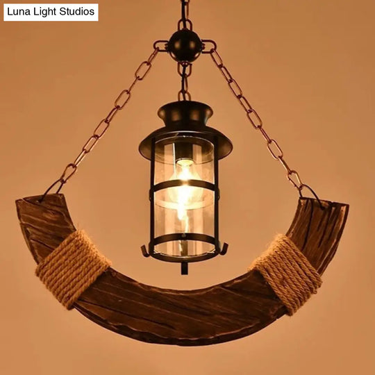 Industrial 1-Head Cylindrical Clear Glass Ceiling Pendant Light W/ Distressed Wood - Perfect For
