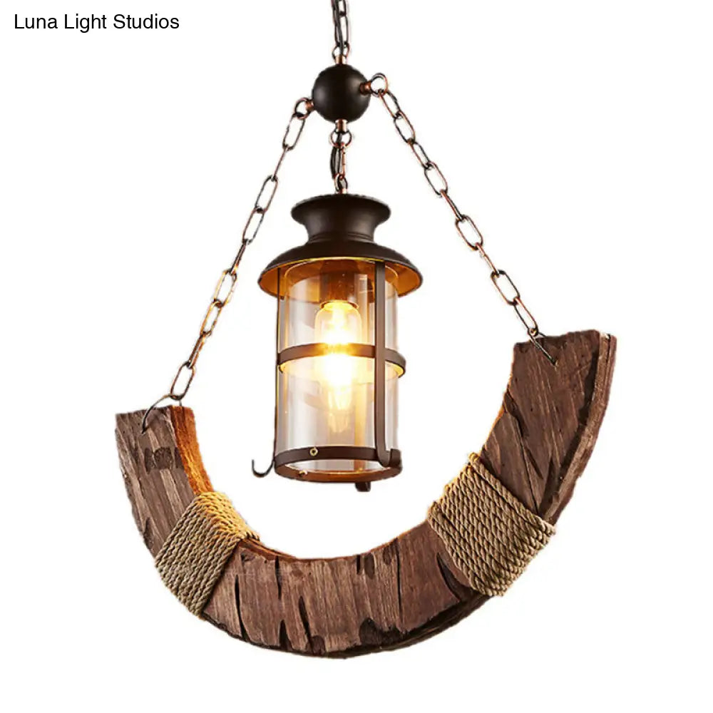 Industrial 1-Head Cylindrical Clear Glass Ceiling Pendant Light W/ Distressed Wood - Perfect For