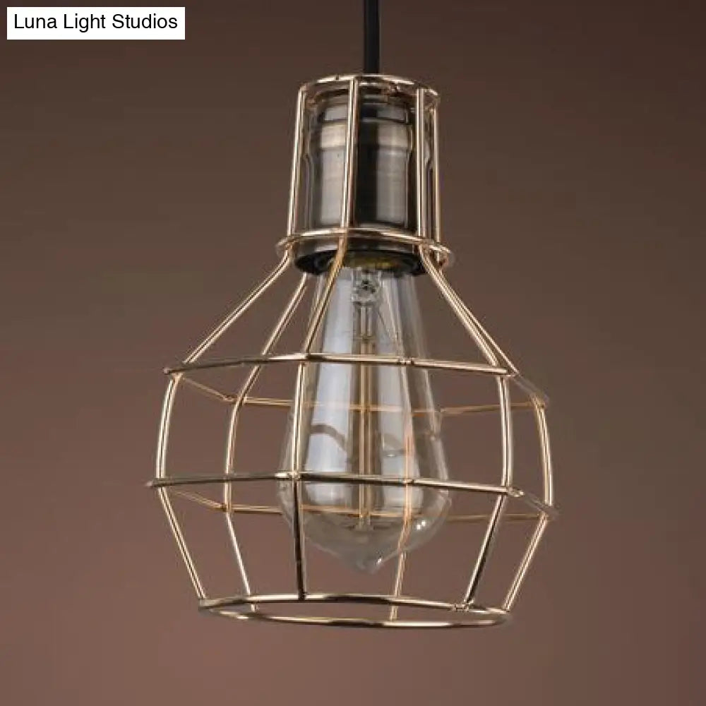 Industrial Pendant Light Fixture: Brass Finish Globe On Wire Frame - 1 Bulb Kitchen Hanging Lamp