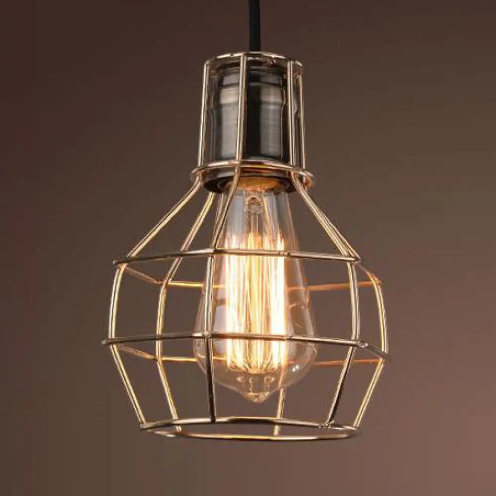 Industrial Pendant Light Fixture: Brass Finish Globe On Wire Frame - 1 Bulb Kitchen Hanging Lamp