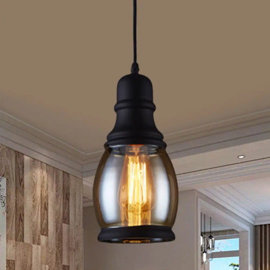 Industrial Pendant Light Kit - Clear Glass Black Finish Jar Shape 1 Head Ceiling Hang Fixture / B