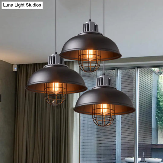 Industrial Pendant Light - White/Black Factory Iron Bowl Shape Ceiling Lamp With Wire Cage Frame