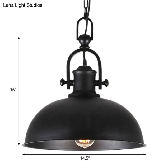 Industrial Metal Pendant Light With Adjustable Chain - Bedroom Hanging Bowl Shade 1 Bulb Black Color