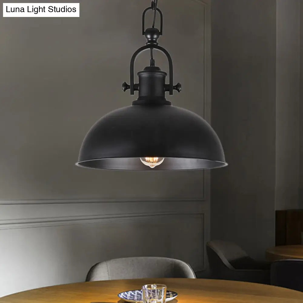 Industrial Metal Pendant Light With Adjustable Chain - Bedroom Hanging Bowl Shade 1 Bulb Black Color