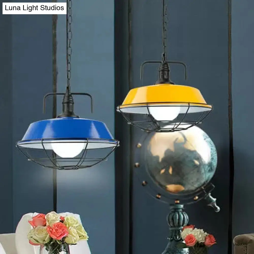 Industrial Pendant Light With Metal Blue/Green Barn Shade Wire Cage - 14’/18’ Dia 1 Hanging Fixture