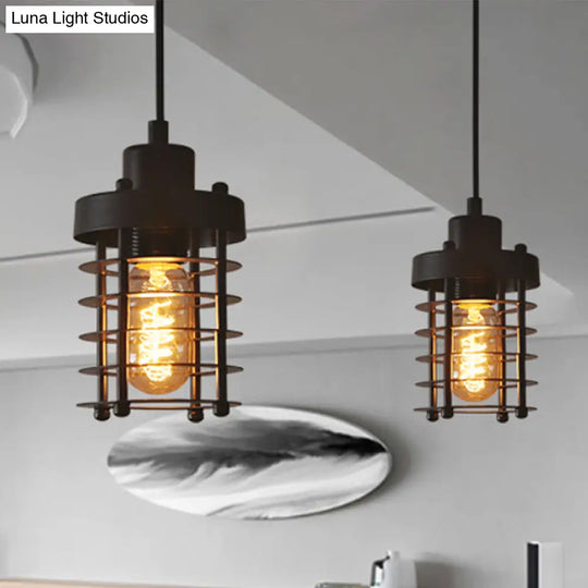 Industrial Pendant Light With Metallic Cage Shade - Matte Black/Rust Ideal For Table Lighting