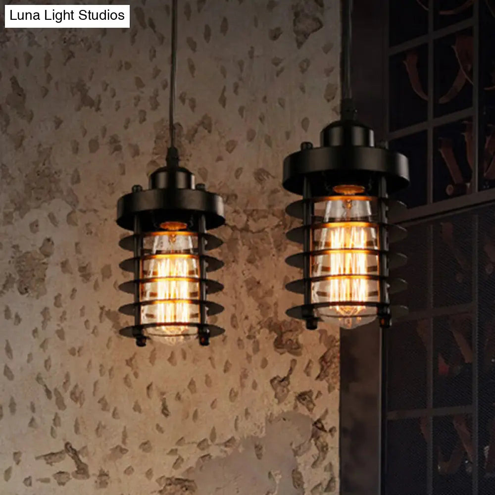Industrial Cylinder Cage Pendant Light With Metallic Shade - Matte Black/Rust Finish Ideal For Table