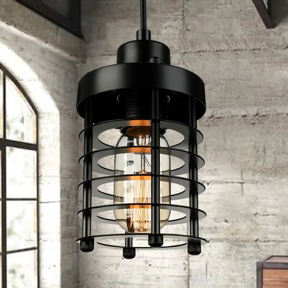 Industrial Pendant Light With Metallic Cage Shade - Matte Black/Rust Ideal For Table Lighting Black