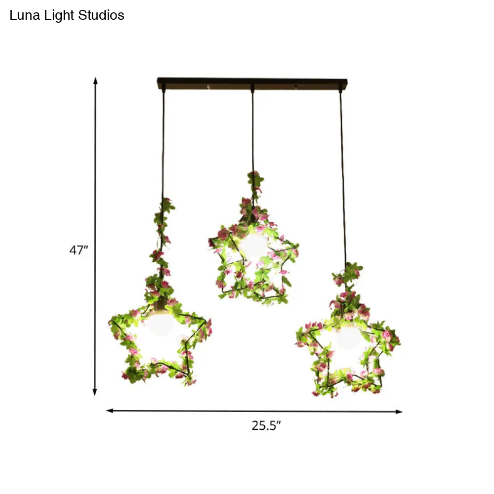 Industrial Pentagram Pendant Light With 3 Led Bulbs In Black - Metal Down Lighting Round/Linear