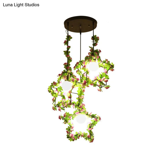 Industrial Pentagram Pendant Light With 3 Led Bulbs In Black - Metal Down Lighting Round/Linear