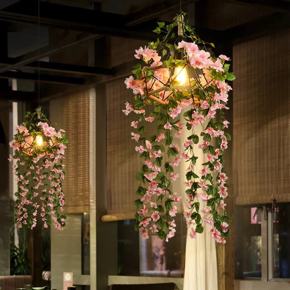 Industrial Pink Cage Chandelier With Artificial Cherry Blossom Pendant Light - Ideal For