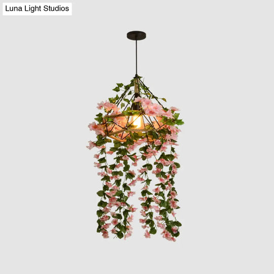 Industrial Pink Cage Chandelier With Artificial Cherry Blossom Pendant Light - Ideal For Restaurants