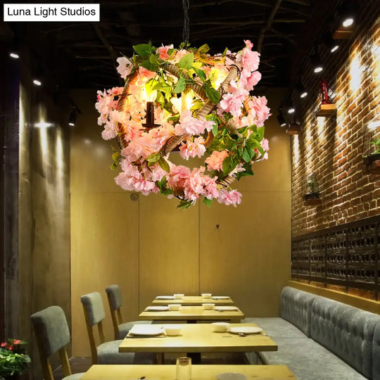 Industrial Pink Cage Chandelier With Artificial Cherry Blossom Pendant Light - Ideal For Restaurants