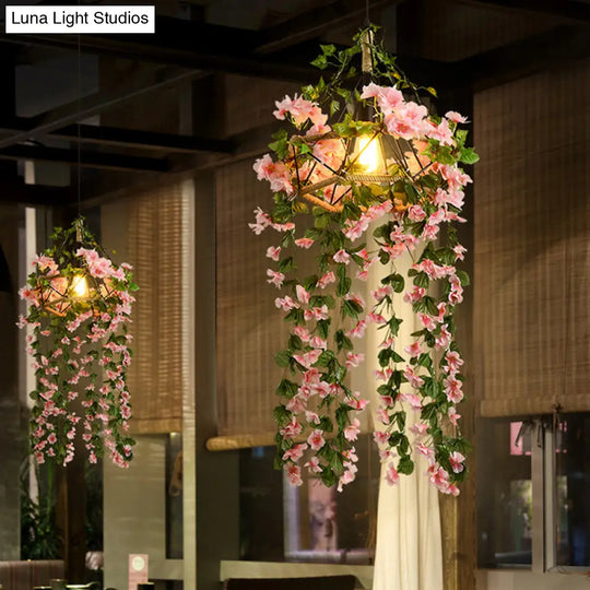 Pink Cage Chandelier Pendant Light With Artificial Cherry Blossom - Industrial Iron Design For