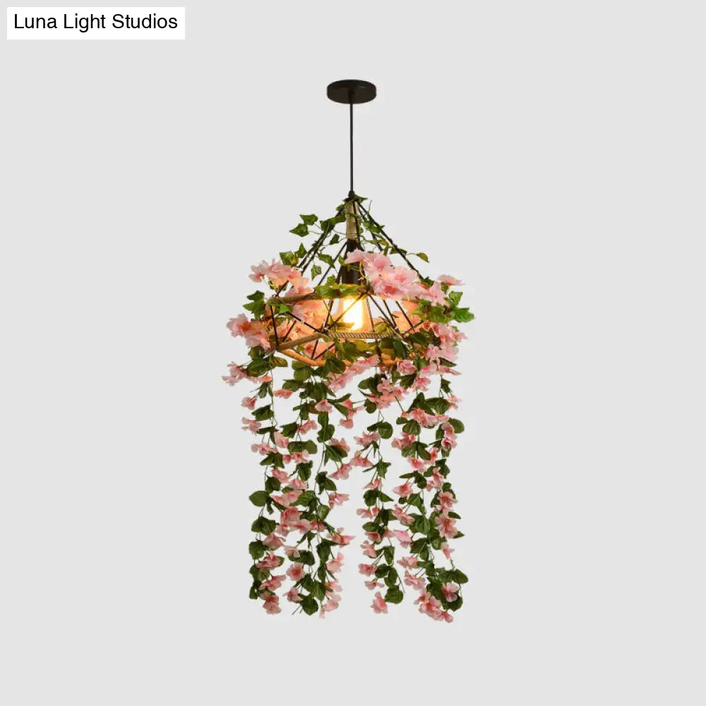 Pink Cage Chandelier Pendant Light With Artificial Cherry Blossom - Industrial Iron Design For