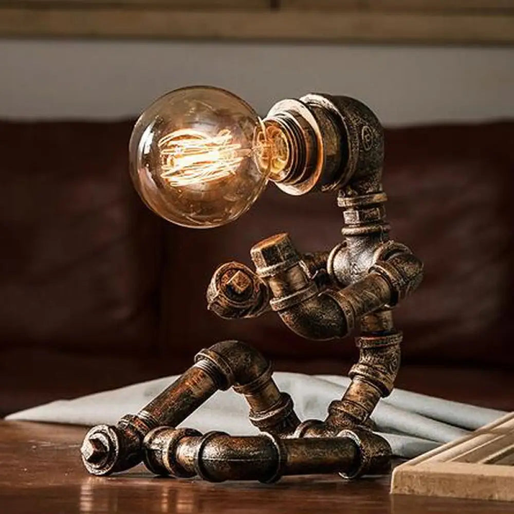 Industrial Pipe Man Night Lamp - Wrought Iron Table Light For Boys Room Brass / B