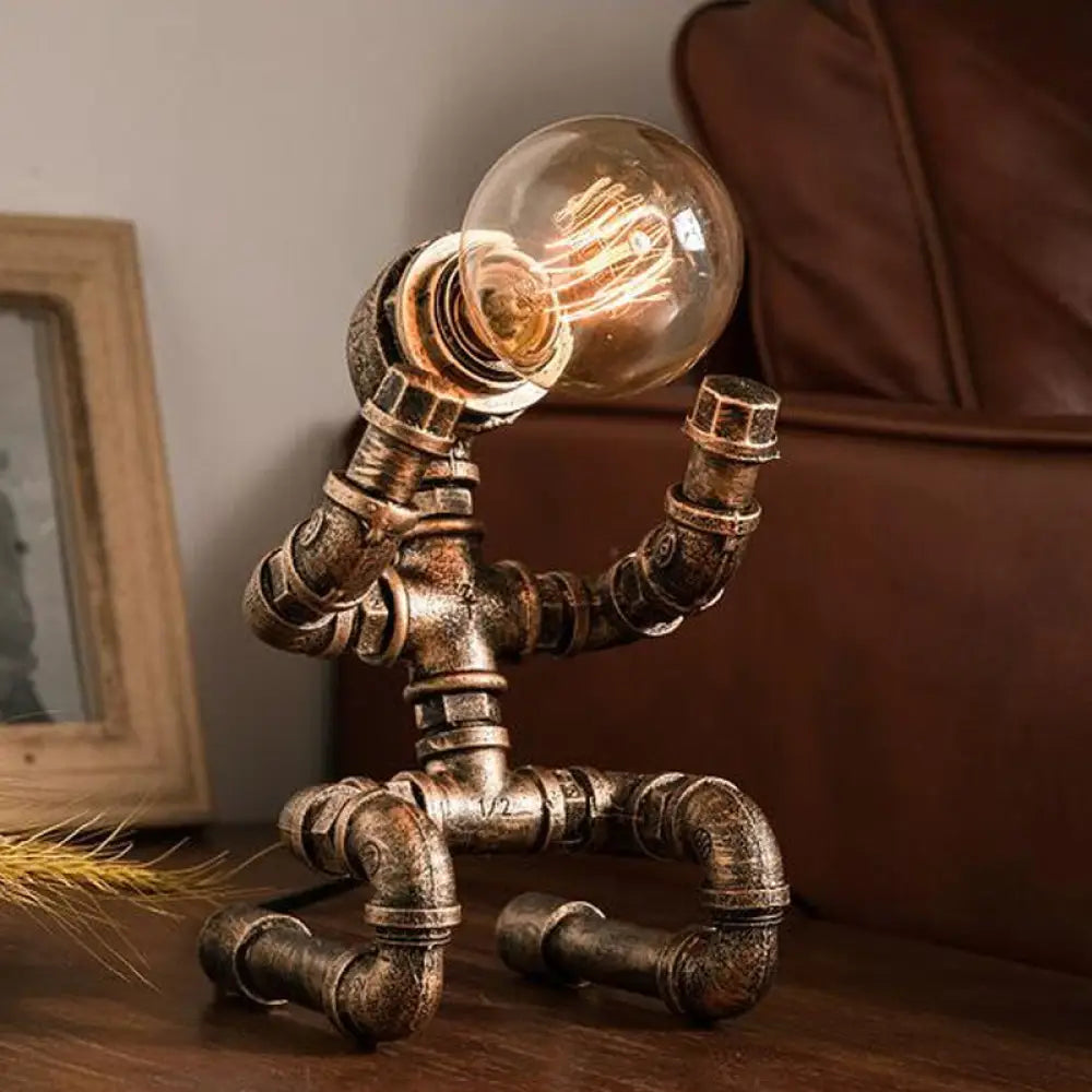 Industrial Pipe Man Night Lamp - Wrought Iron Table Light For Boys Room Brass / D