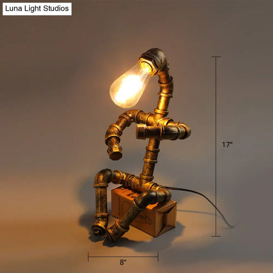 Industrial Pipe Style Night Light Table Lamp Wrought Iron Accent In Bronze