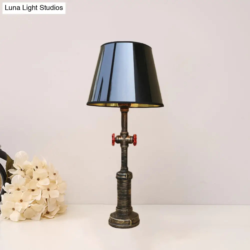 Industrial Pipe Table Light With Tapered Shade & Valve In Black - 1 Lamp For Indoor Use