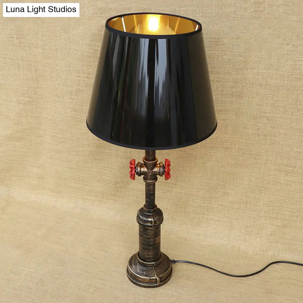 Industrial Pipe Table Light With Tapered Shade & Valve In Black - 1 Lamp For Indoor Use