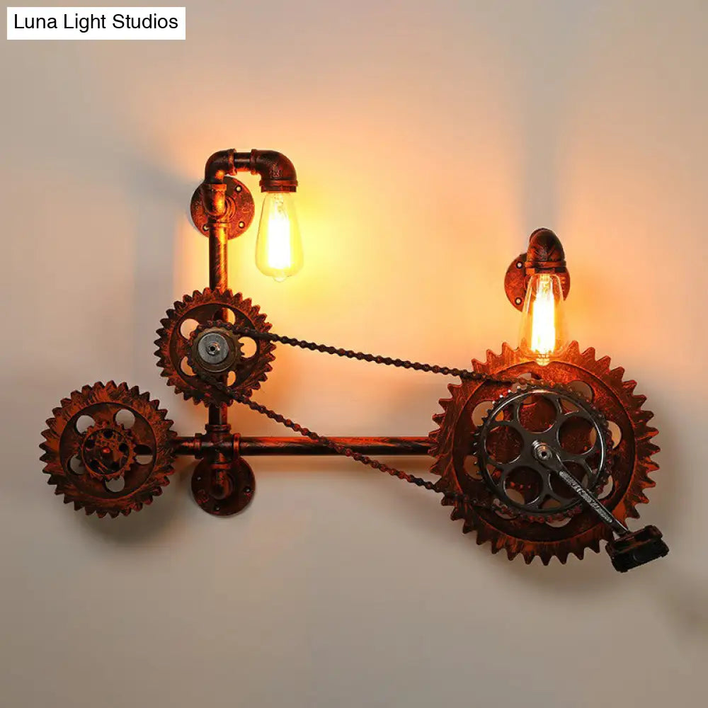 Industrial Pipe Wall Mount Light With Wrought Iron Sconce - 2 Head Rustic Lighting