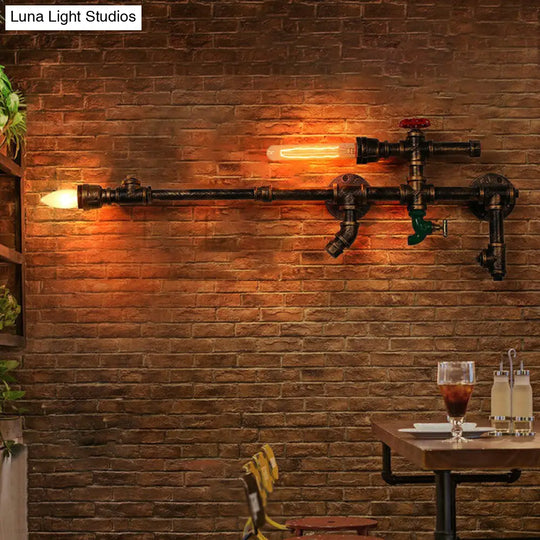 Industrial Pipe Wall Mount Light With Wrought Iron Sconce - 2 Head Rustic Lighting