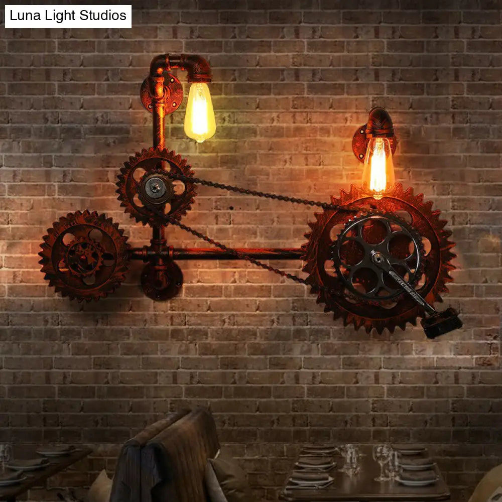 Industrial Pipe Wall Mount Light With Wrought Iron Sconce - 2 Head Rustic Lighting