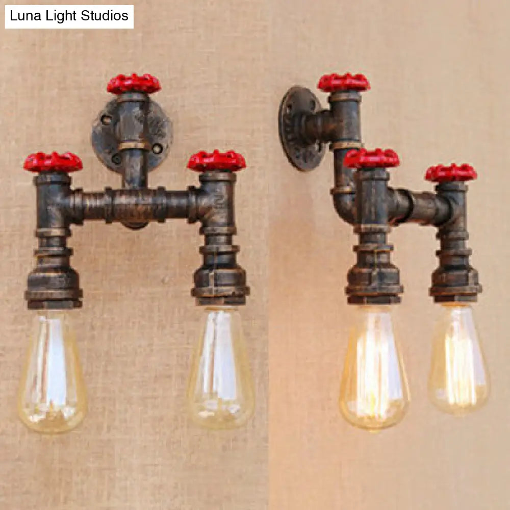 Industrial Pipe Wall Sconce Light With Valve Wheel - Antique Bronze Finish