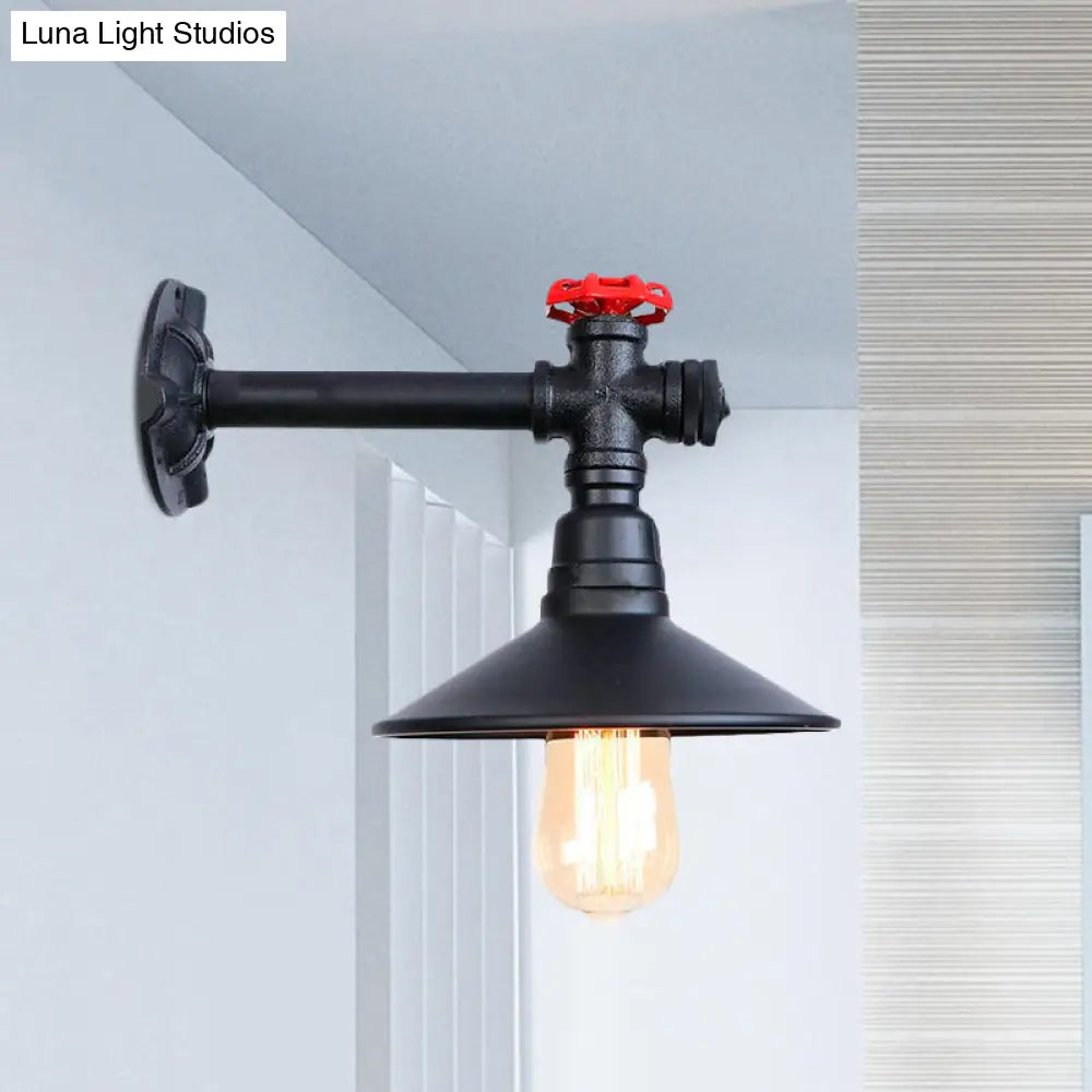 Industrial Plumbing Pipe Wall Sconce With Red Valve Deco - Black Metal Mount Light