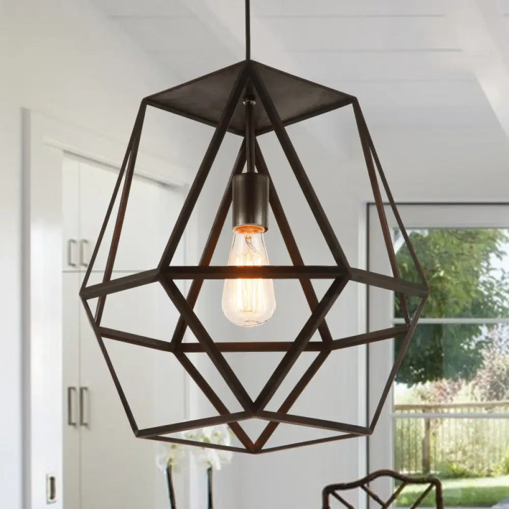 Industrial Polygon Metal Pendant Light Fixture With Wire Guard - Black