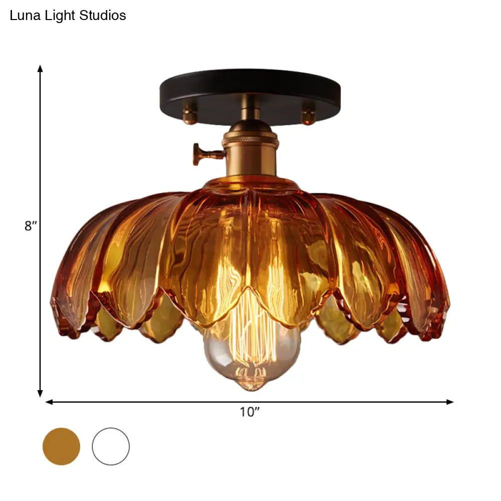 Industrial Prismatic Glass Semi - Flush Ceiling Light With Scalloped Design - White/Amber