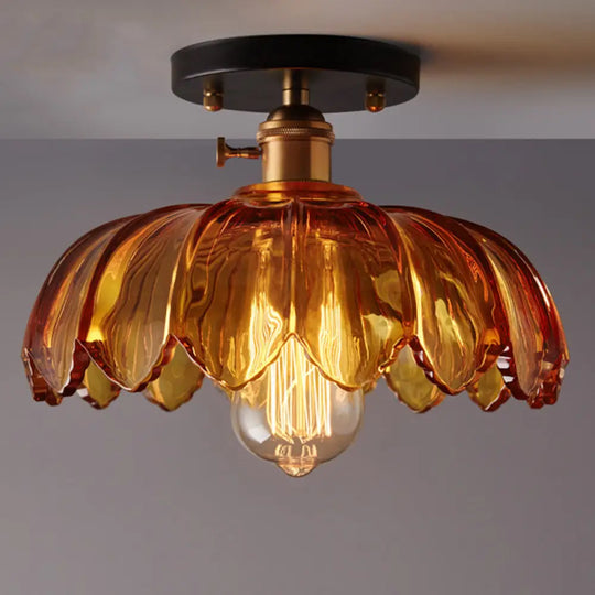 Industrial Prismatic Glass Semi - Flush Ceiling Light With Scalloped Design - White/Amber Amber