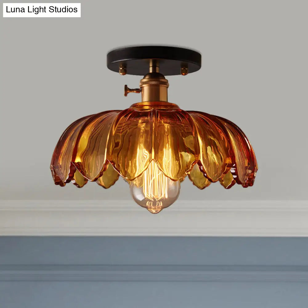 Industrial Prismatic Glass Semi-Flush Ceiling Light With Scalloped Design - White/Amber