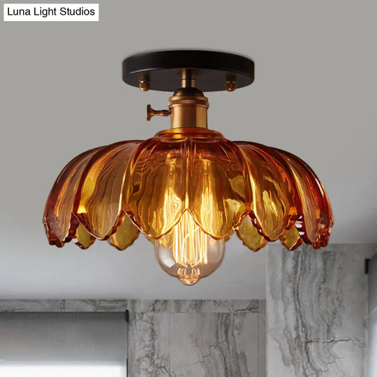 Industrial Prismatic Glass Semi-Flush Ceiling Light With Scalloped Design - White/Amber