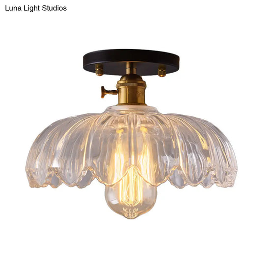 Industrial Prismatic Glass Semi-Flush Ceiling Light With Scalloped Design - White/Amber