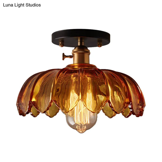 Industrial Prismatic Glass Semi - Flush Ceiling Light With Scalloped Design - White/Amber