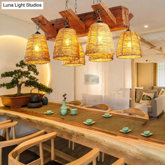 Rattan Pendant Chandelier - Industrial Hanging Light For Dining Room 6 / Wood