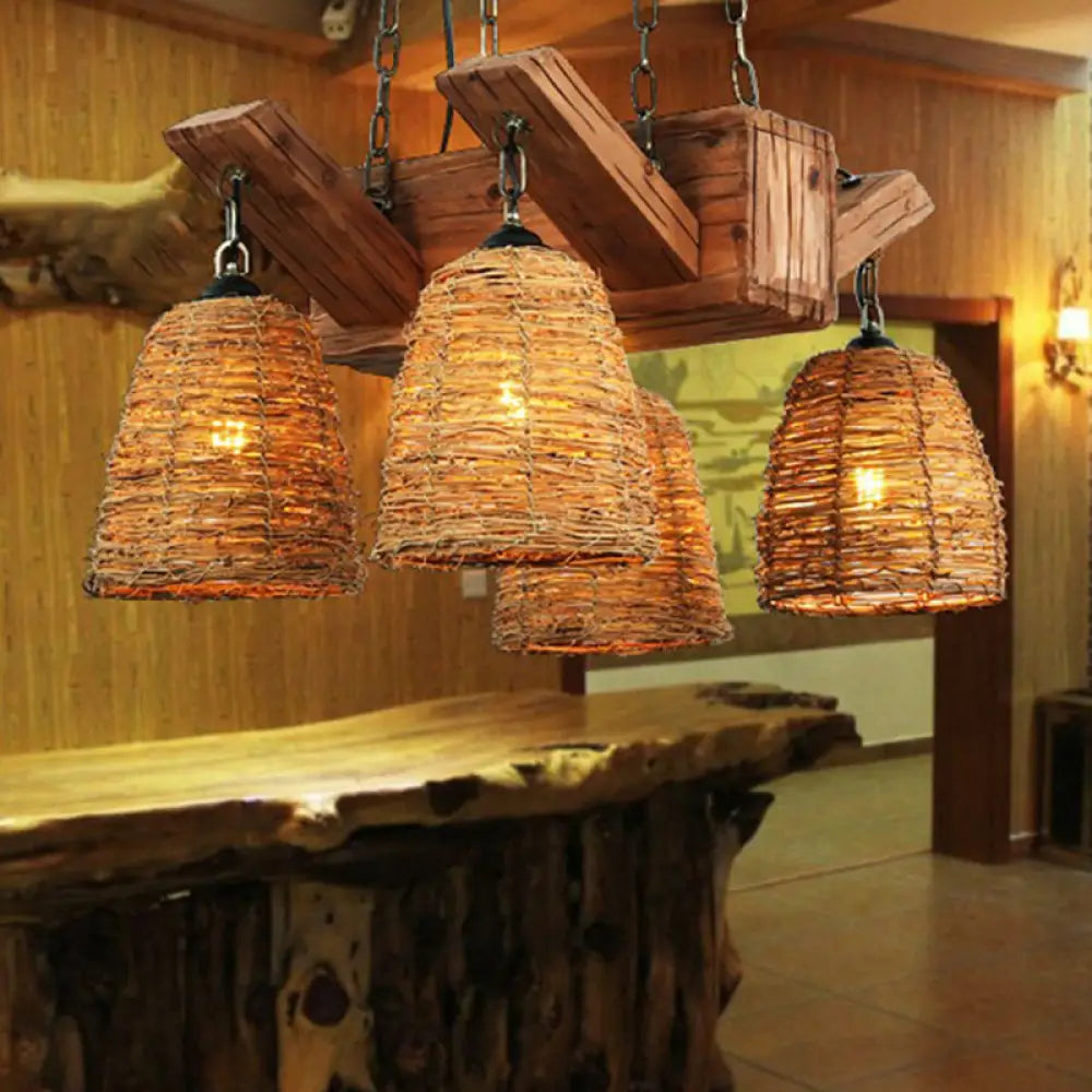 Industrial Rattan Pendant Light For Dining Room - Bell Shade Chandelier Fixture 4 / Wood